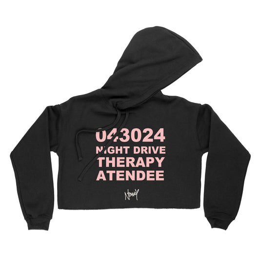Pink puff text on a black distressed crop top (Women's)