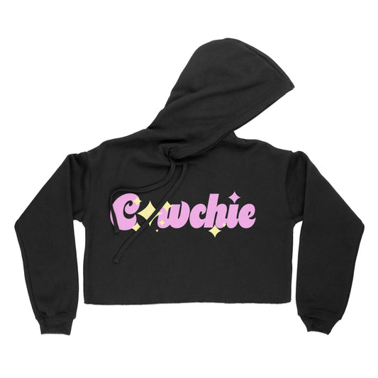 A sleek black crop top adorned with playful pink text spelling "Cewchie," complete with a star dotting the 'i'.